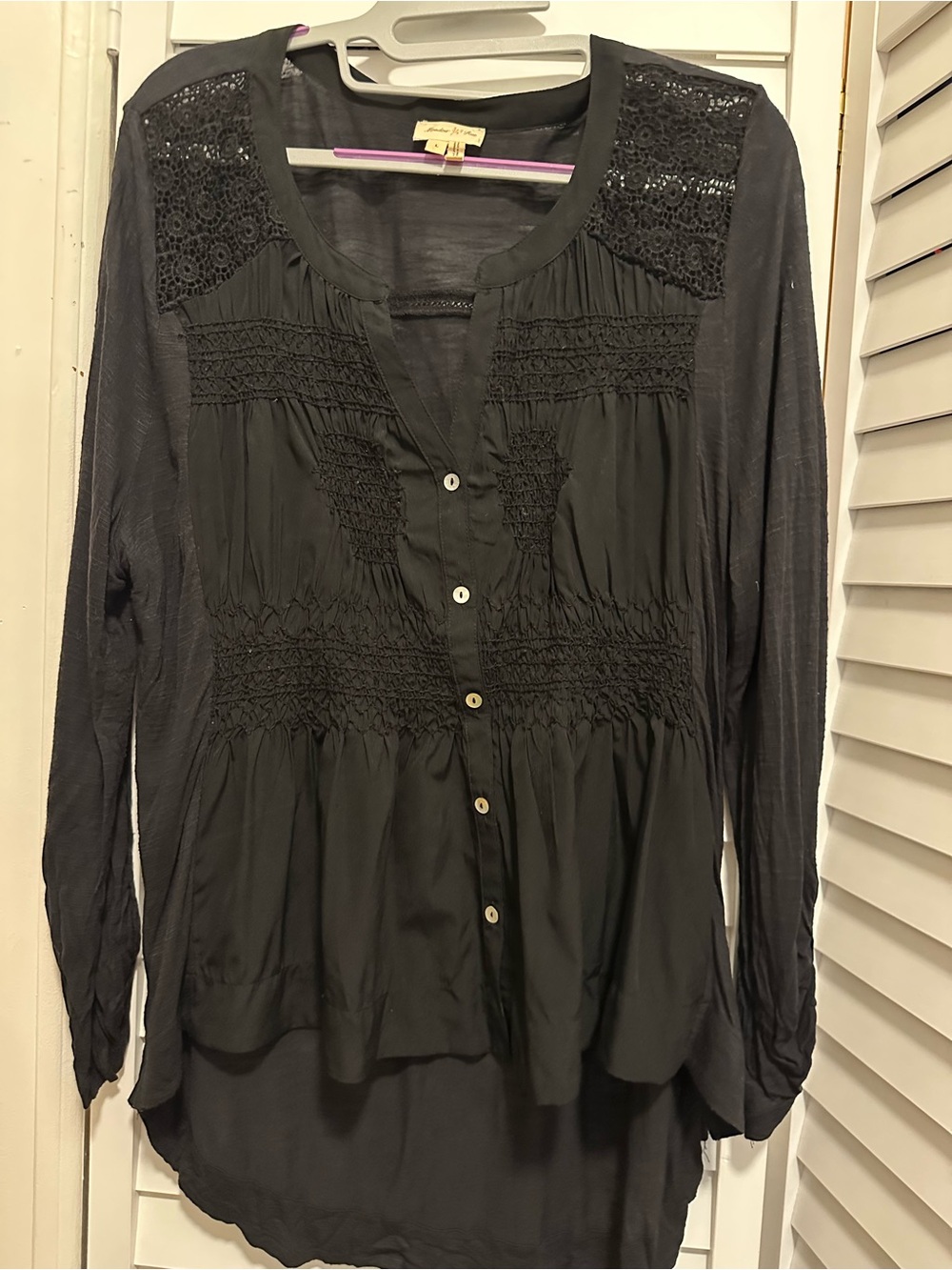 Meadow Rue Black Long-Sleeve Button-Front Top with Crochet Detail
